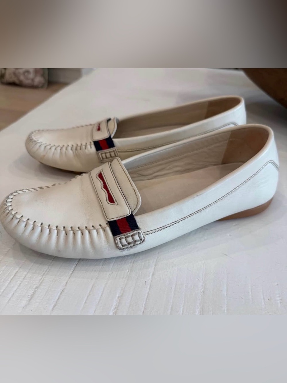 Gucci White Leather Penny Loafers with Red & Navy Classic Web- Woman’s